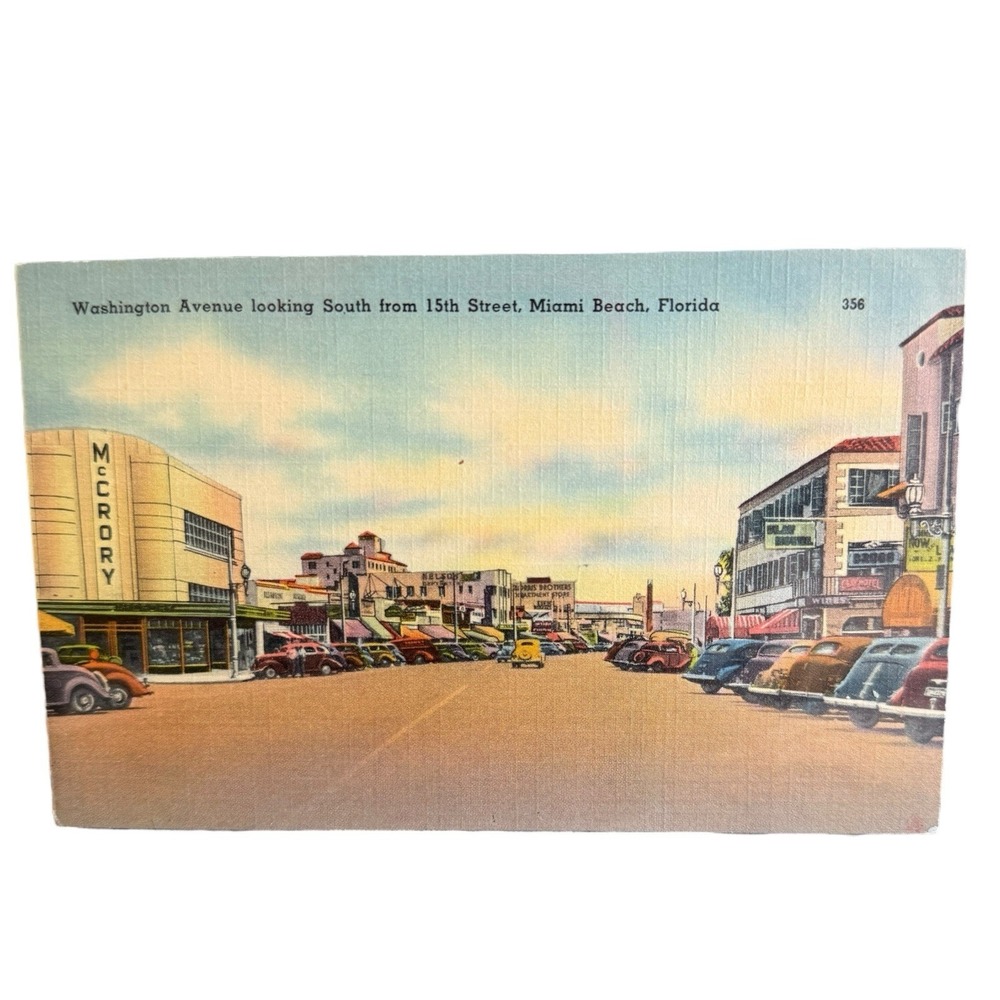 Vintage Linen Postcard Miami Beach Florida Washington Ave VW Beetles Shopping